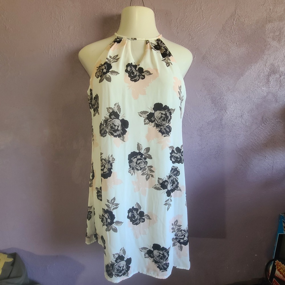 Candie's Halter Dress Women Size S White Floral Keyhole Back Button Romantic